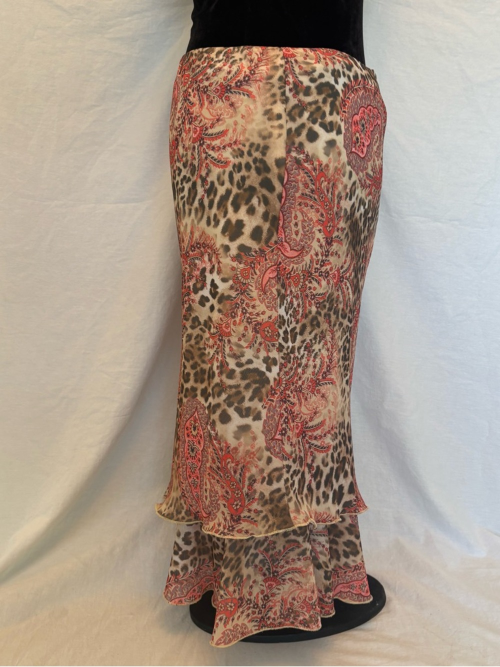 Leopard Paisley Midi Skirt M Ruffle Hem Boho Resort Cottagecore Red Orange Brown